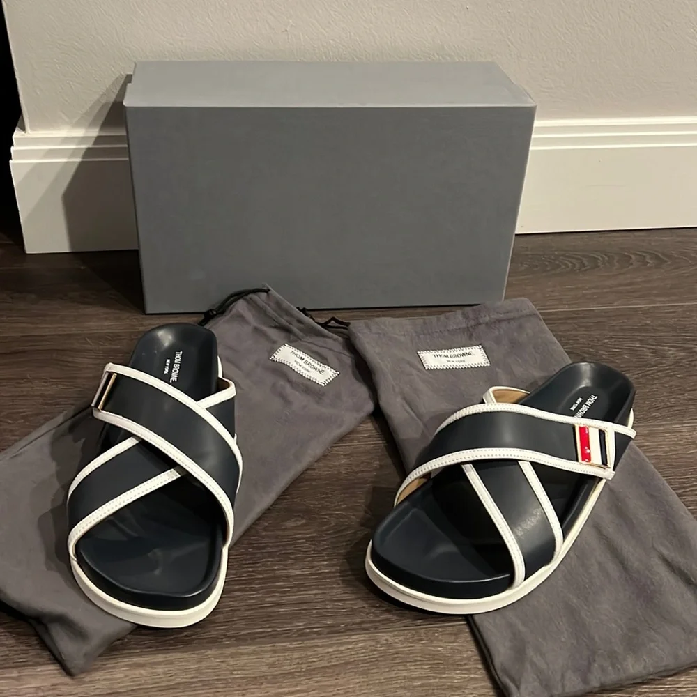 Thom Browne cross cross sandals w/RWB enamel buckle in vitello calf. Leather. - Picture 1 of 6